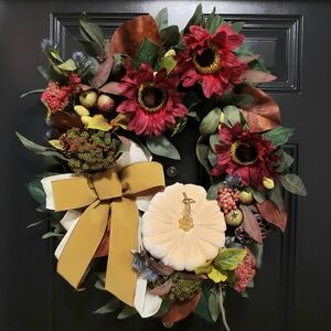 Velvet Pumpkin and Burgundy Sunflower Fall Grapevine Wreath